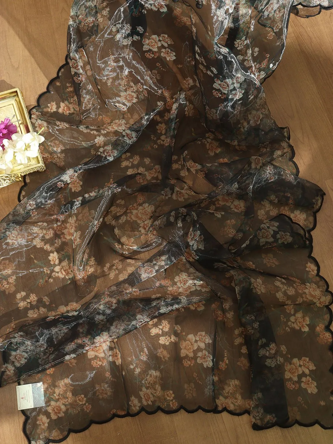 Black Digital Printed Organza Silk Dupatta With Scalloped Border